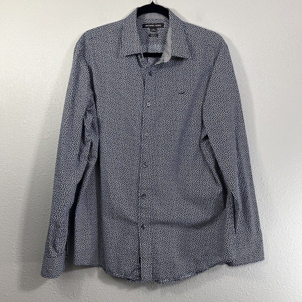 Michael Kors Men's Classic Fit Button Down Shirt White Blue 100% Cotton Size L